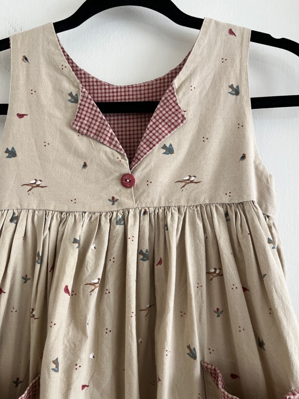 Girls Handmade Cotton Vintage 90s Bird & Birdhouse Country Jumper Dress - Picture 2 of 14